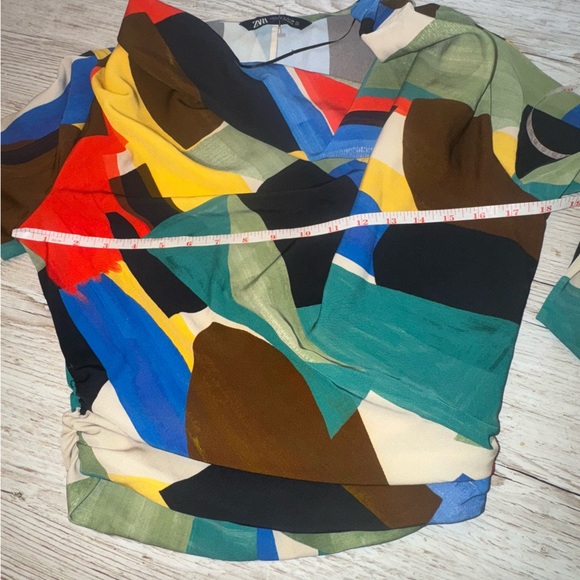 Zara Multicolor Flowy Neckline Crop Bell Sleeve Printed Blouse S - Picture 10 of 12